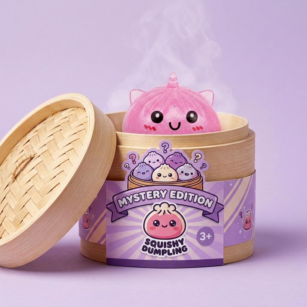 Dumpling Squishy Unicornio Mystery Mini en su cesta de vapor de bambú