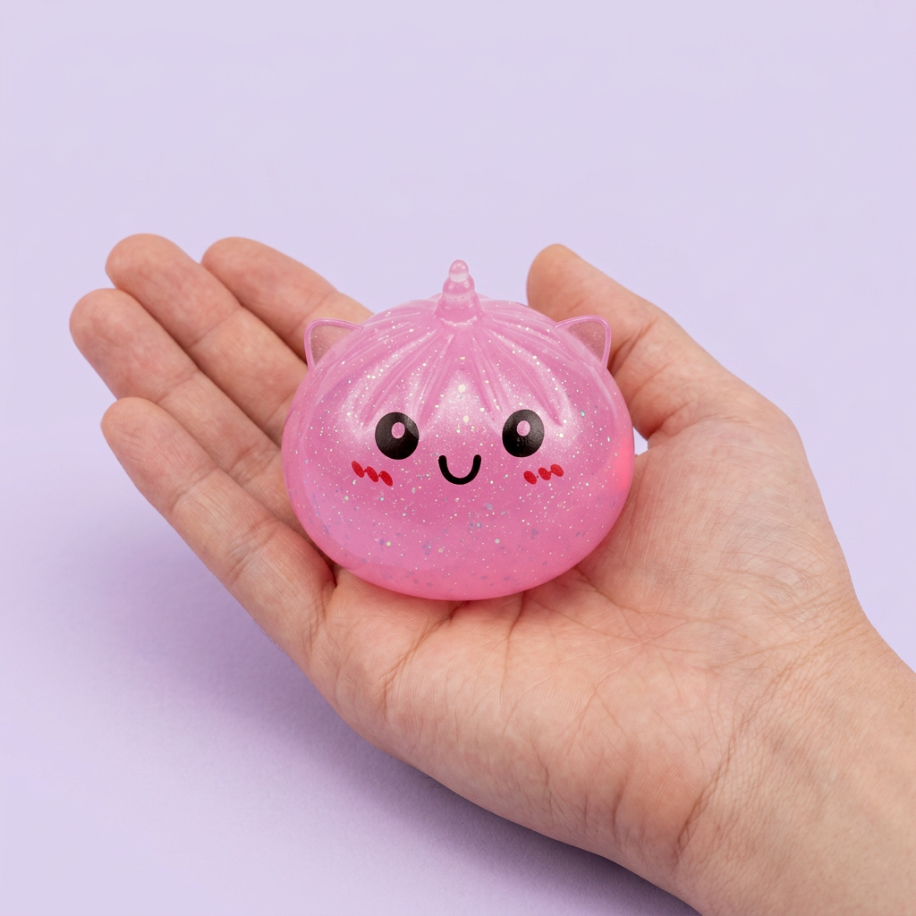 Dumpling Squishy Unicornio Mystery Mini en la mano, tamaño real