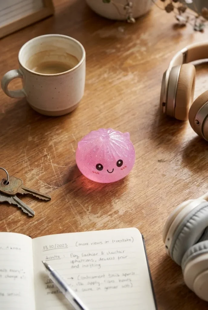 Dumpling Squishy Unicornio Mystery Mini en un escritorio