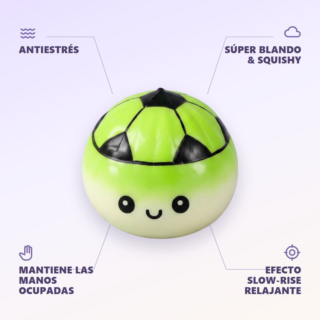 Mystery Dumpling Squishy Edición Fútbol — antiestrés, ultra blando, efecto slow-rise