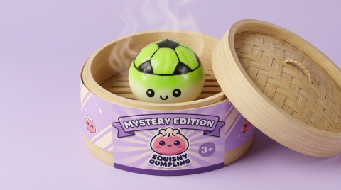Mystery Dumpling Squishy Edición Fútbol en su cesta de vapor de bambú