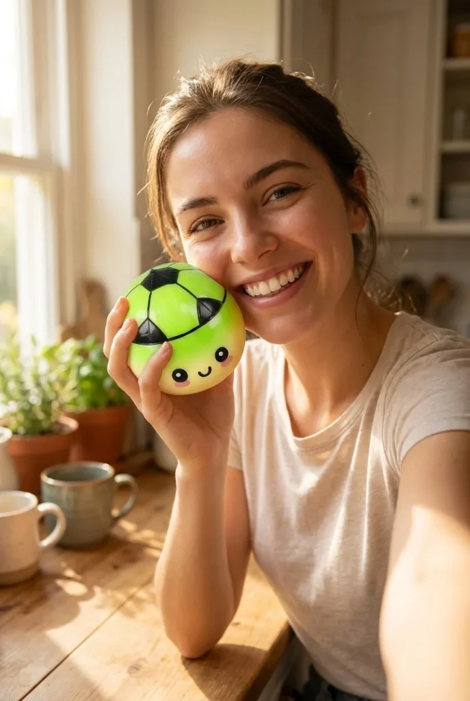 Mystery Dumpling Squishy Edición Fútbol cerca de la cara