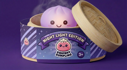 Mystery Squishy Dumpling Luminoso en su cesta de vapor de bambú