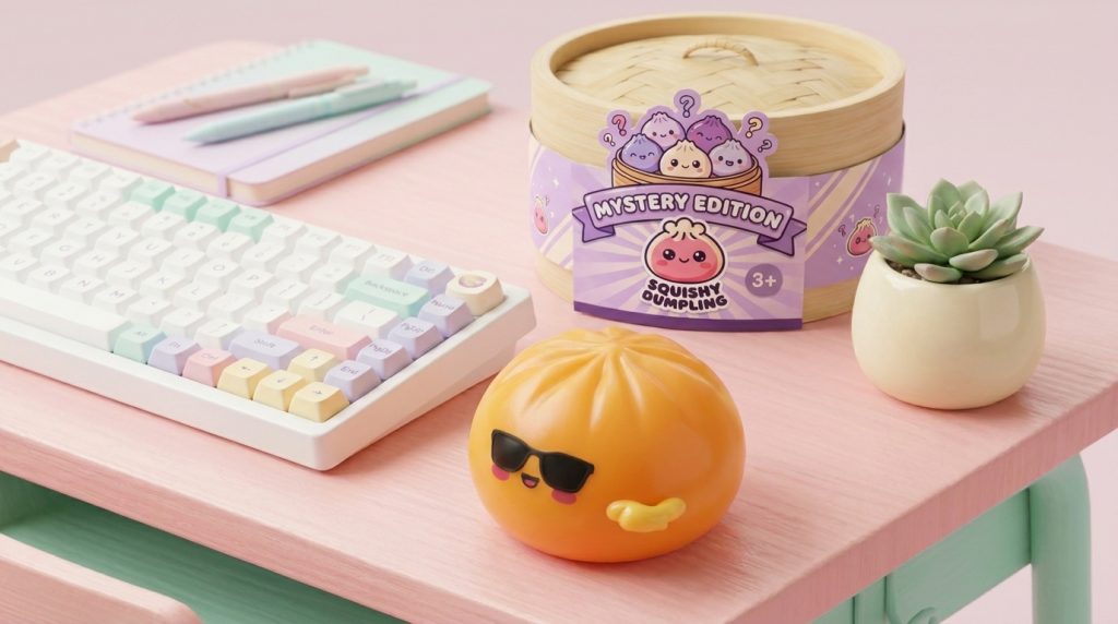Mystery Dumpling Squishy Gafas de Sol en un ambiente de escritorio