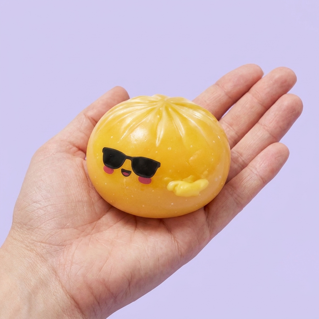 Mystery Dumpling Squishy Gafas de Sol en la mano, tamaño real