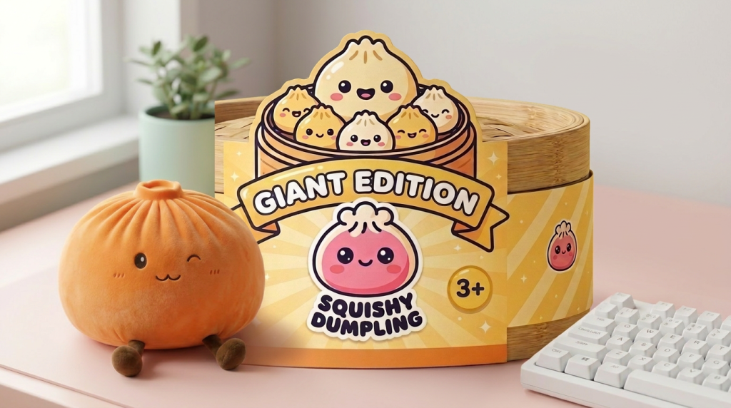 Giant Dumpling Squishy Naranja de Peluche en un ambiente de escritorio