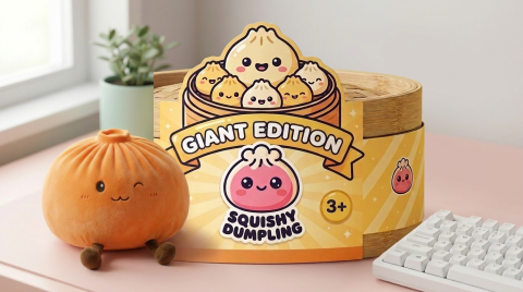 Giant Dumpling Squishy Naranja de Peluche en un ambiente de escritorio