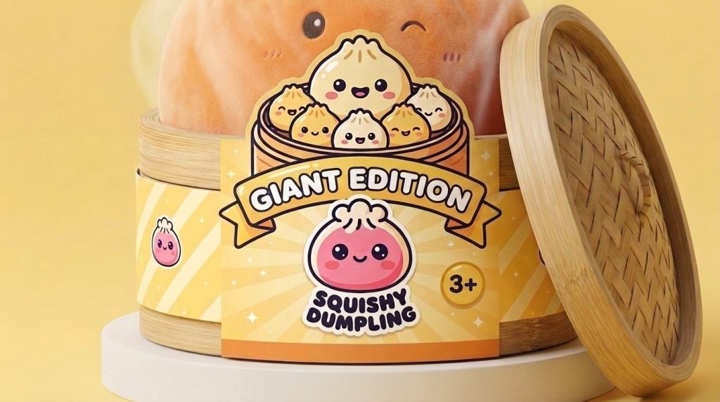 Giant Dumpling Squishy Naranja de Peluche en su cesta de vapor de bambú