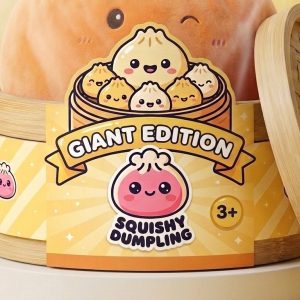 Giant Dumpling Squishy Naranja de Peluche en su cesta de vapor de bambú