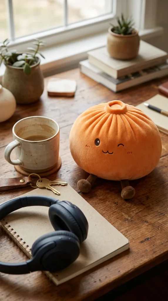 Giant Dumpling Squishy Naranja de Peluche en un escritorio