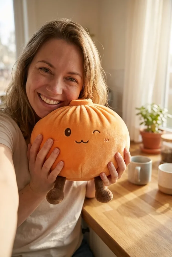 Giant Dumpling Squishy Naranja de Peluche cerca de la cara