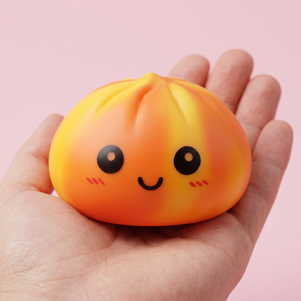 Squishy Dumpling Tie Dye Naranja Atardecer en la mano, tamaño real