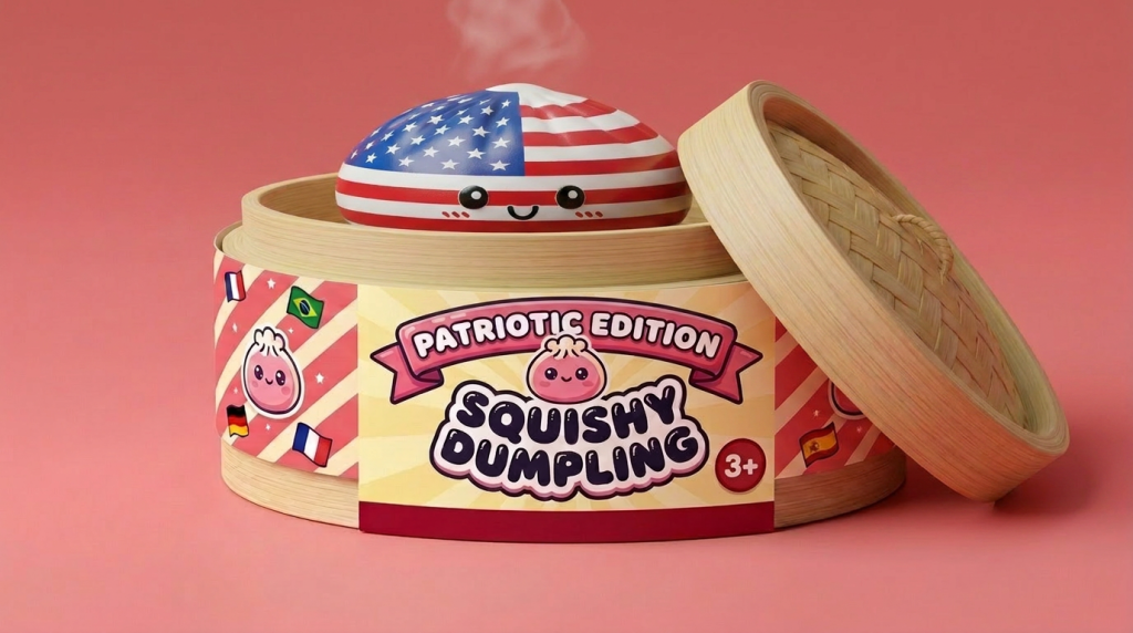 Squishy Dumpling USA Bandera Americana en su cesta de vapor de bambú