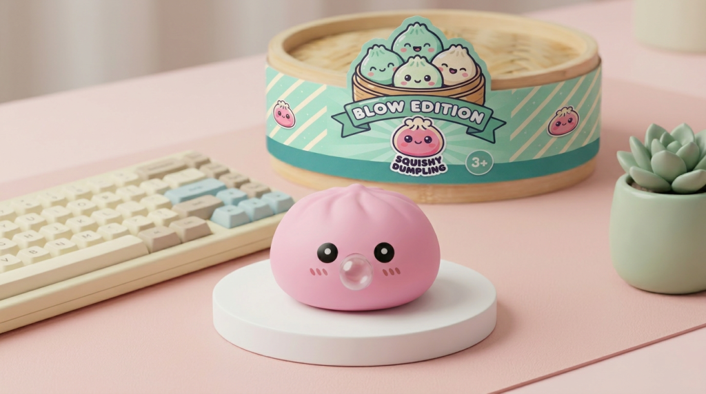 Dumpling Squishy Rosa Mullido en un ambiente de escritorio