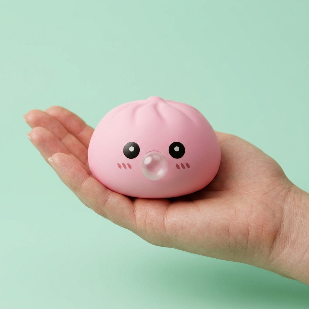 Dumpling Squishy Rosa Mullido en la mano, tamaño real
