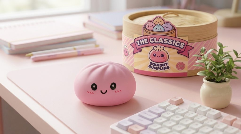 Pink Dumpling Squishy Flor de Cerezo en un ambiente de escritorio
