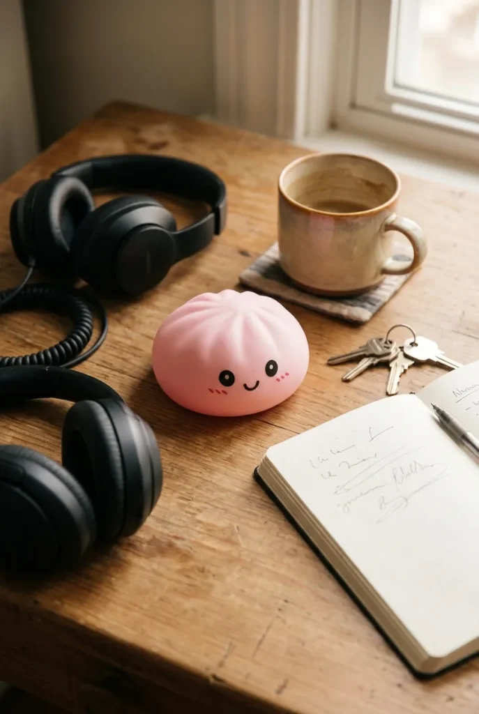 Pink Dumpling Squishy Flor de Cerezo en un escritorio