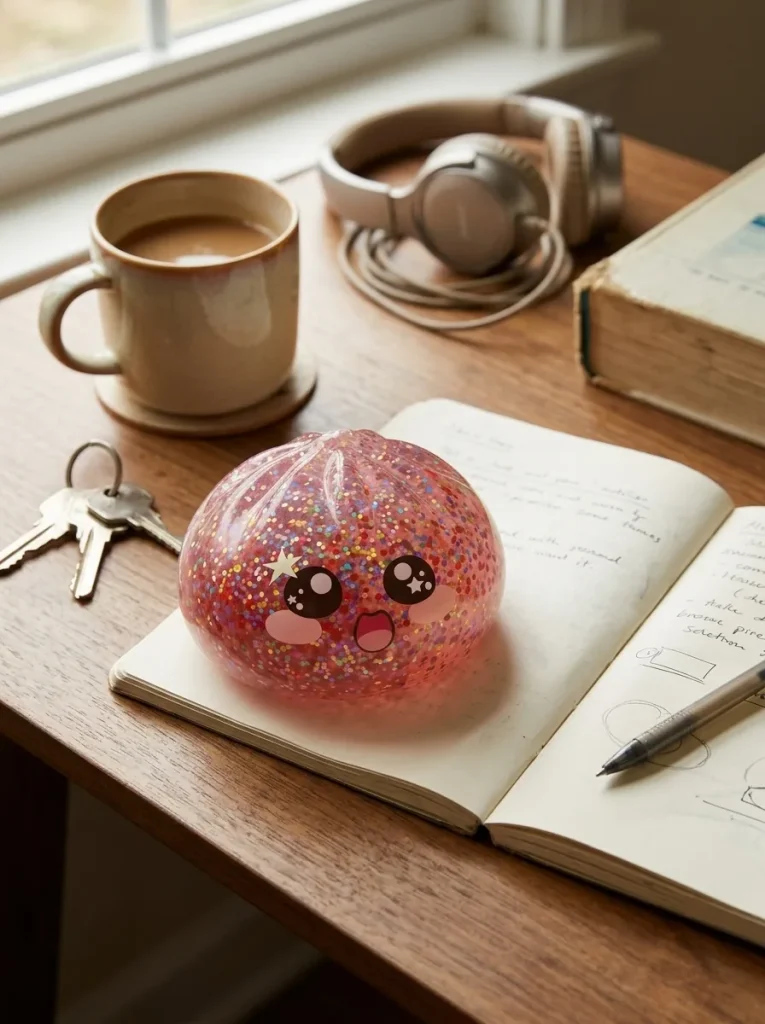 Galaxy Dumpling Squishy Rosa Kawaii en un escritorio
