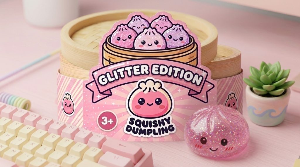 Glitter Dumpling Squishy Rosa Kawaii en un ambiente de escritorio