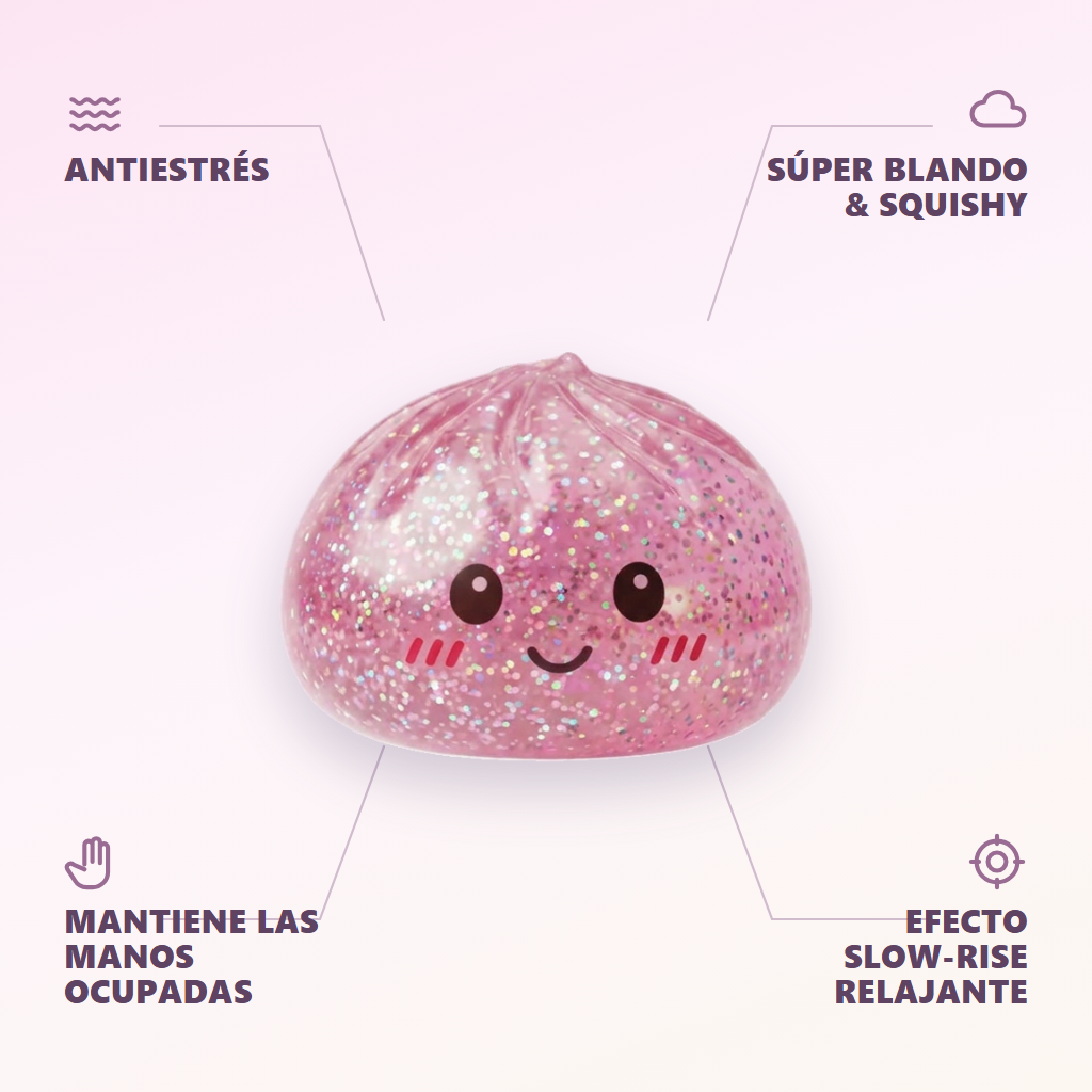 Glitter Dumpling Squishy Rosa Kawaii — antiestrés, ultra blando, efecto slow-rise