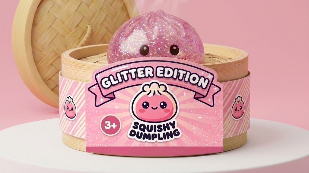 Glitter Dumpling Squishy Rosa Kawaii en su cesta de vapor de bambú