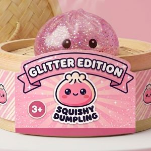 Glitter Dumpling Squishy Rosa Kawaii en su cesta de vapor de bambú