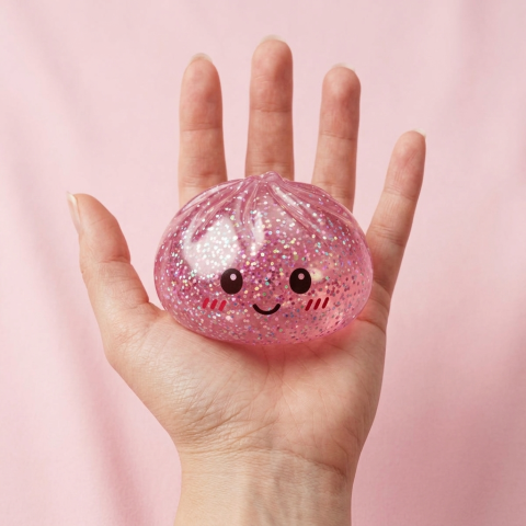 Glitter Dumpling Squishy Rosa Kawaii en la mano, tamaño real