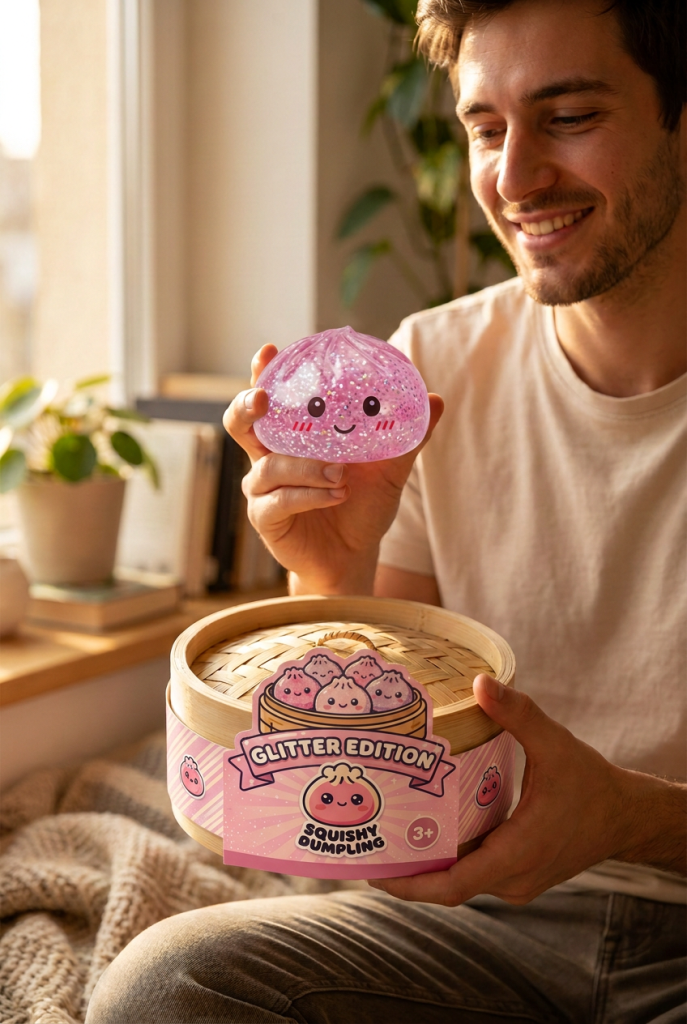 Glitter Dumpling Squishy Rosa Kawaii con su cesta de vapor de bambú