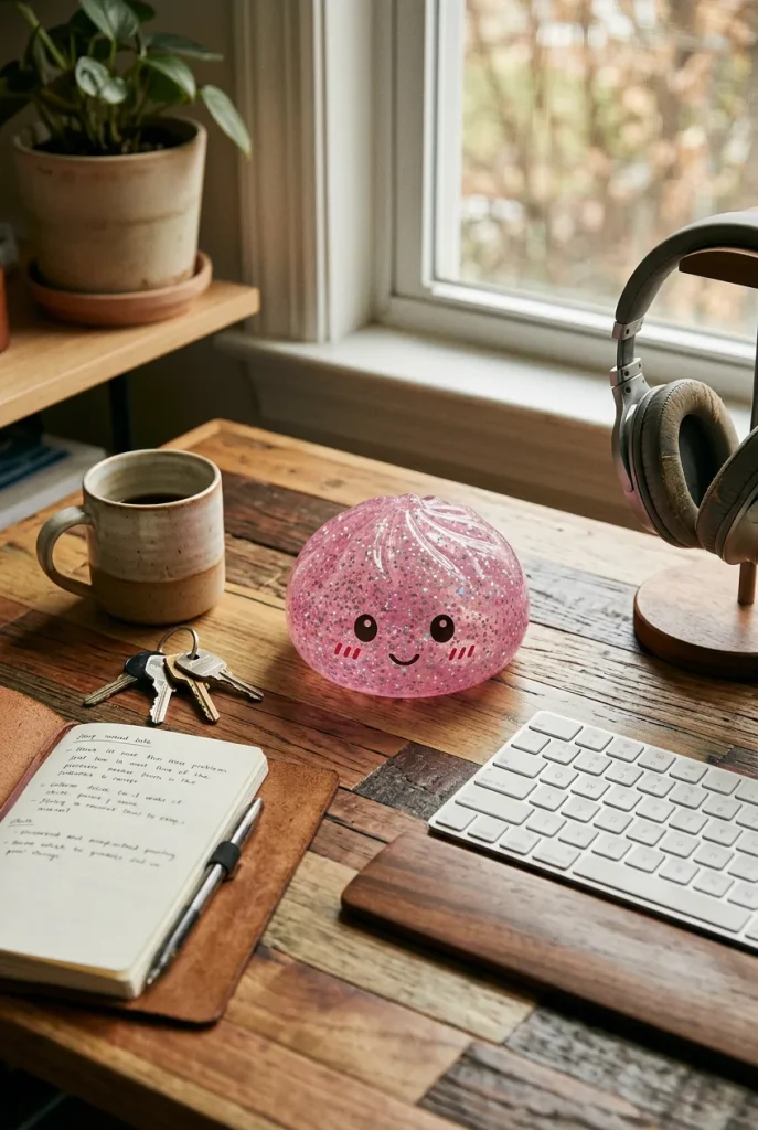 Glitter Dumpling Squishy Rosa Kawaii en un escritorio