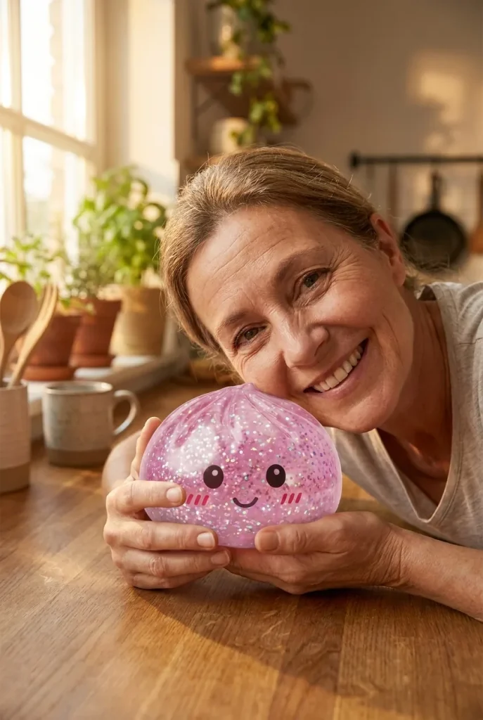 Glitter Dumpling Squishy Rosa Kawaii cerca de la cara