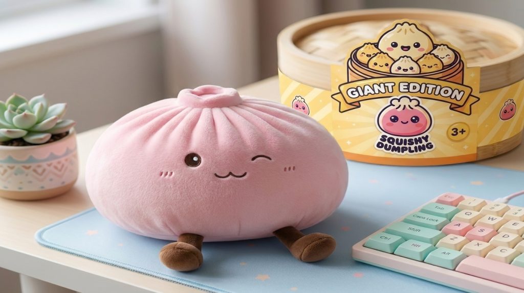 Squishy Dumpling Toy Rosa Gigante en un ambiente de escritorio