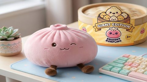 Squishy Dumpling Toy Rosa Gigante en un ambiente de escritorio