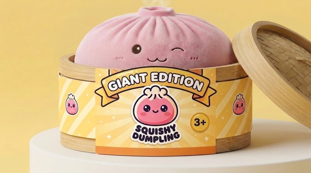 Squishy Dumpling Toy Rosa Gigante en su cesta de vapor de bambú