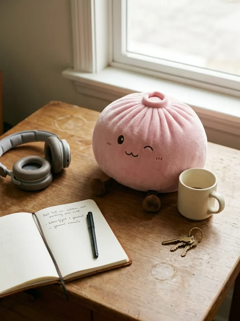 Squishy Dumpling Toy Rosa Gigante en un escritorio