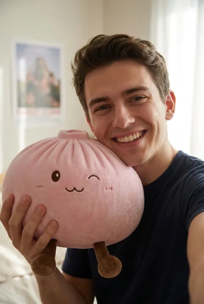 Squishy Dumpling Toy Rosa Gigante cerca de la cara