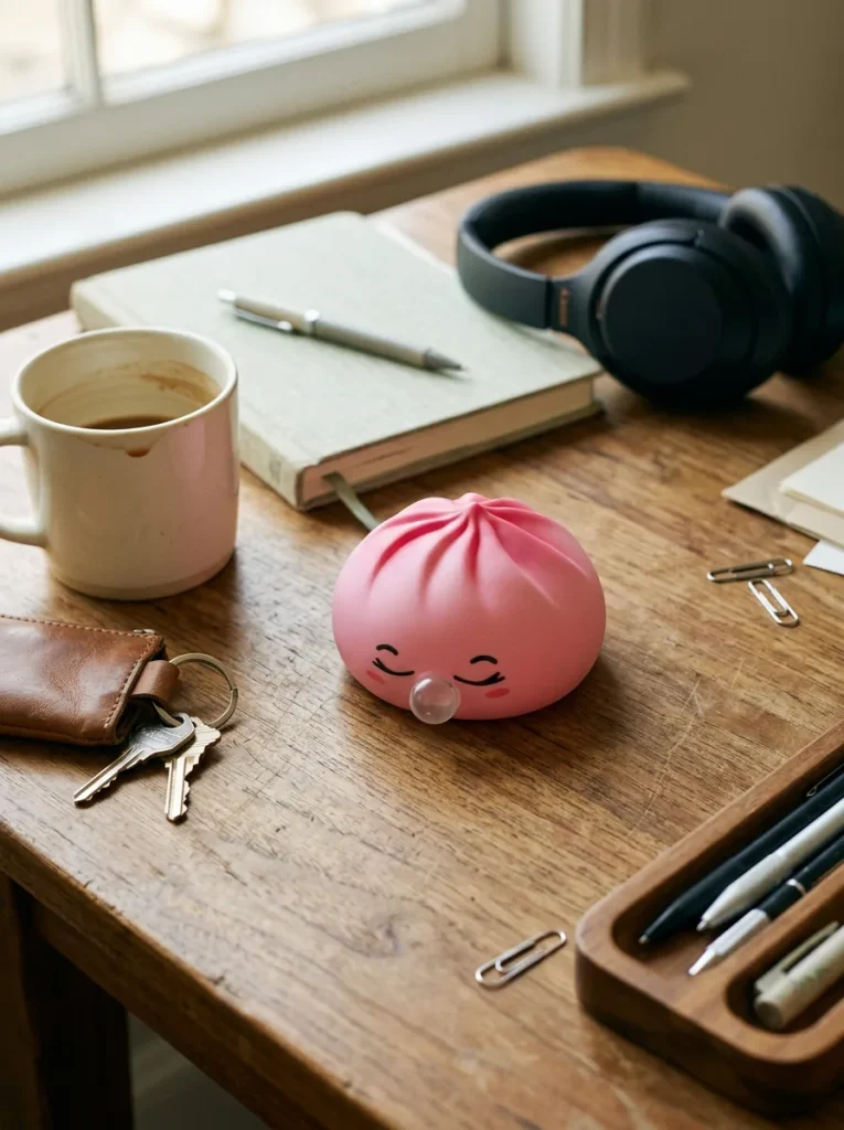 Dumpling Squishy Rare Blow Rosa en un escritorio