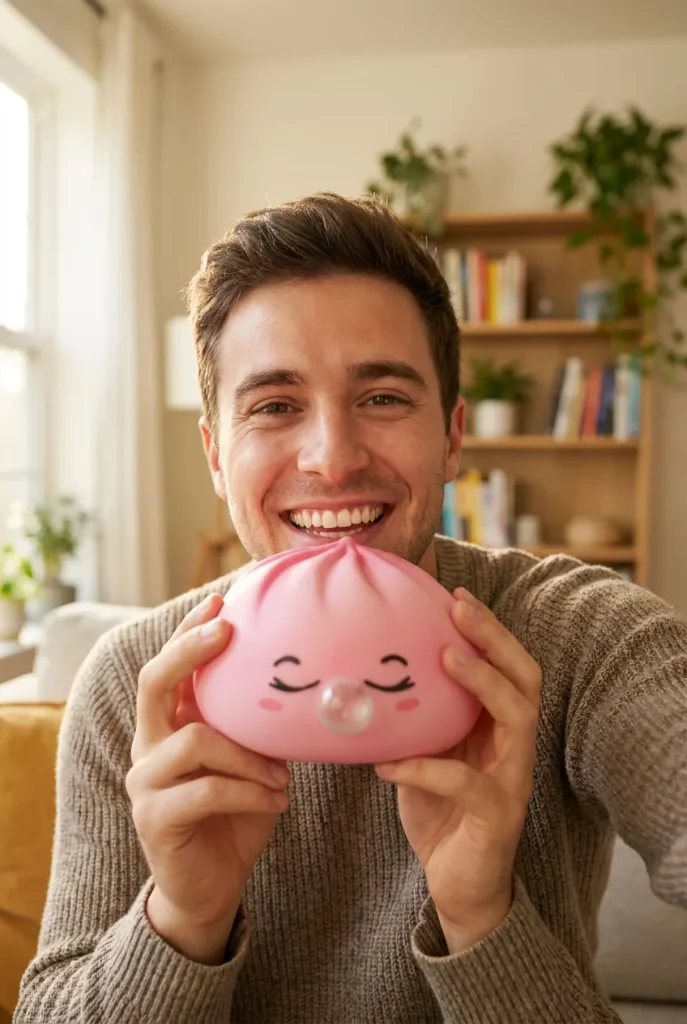 Dumpling Squishy Rare Blow Rosa cerca de la cara