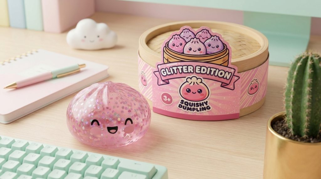 Dumpling Squishy Rose Sparkle Bubblegum en un ambiente de escritorio