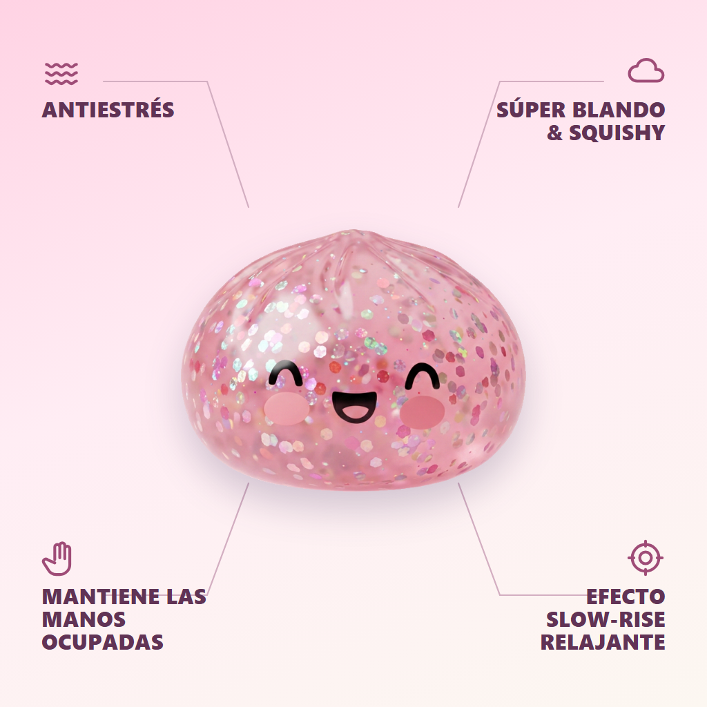Dumpling Squishy Rose Sparkle Bubblegum — antiestrés, ultra blando, efecto slow-rise