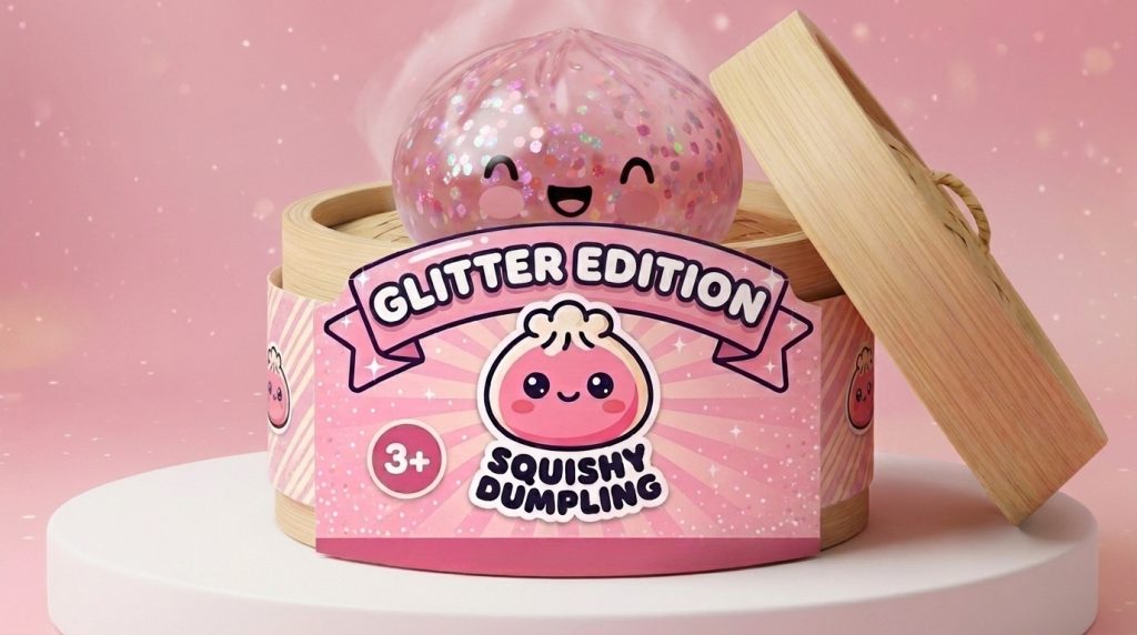 Dumpling Squishy Rose Sparkle Bubblegum en su cesta de vapor de bambú
