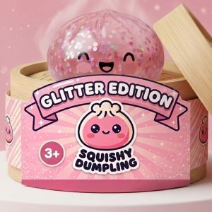 Dumpling Squishy Rose Sparkle Bubblegum en su cesta de vapor de bambú