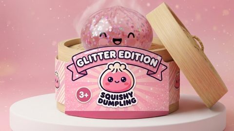 Dumpling Squishy Rose Sparkle Bubblegum en su cesta de vapor de bambú