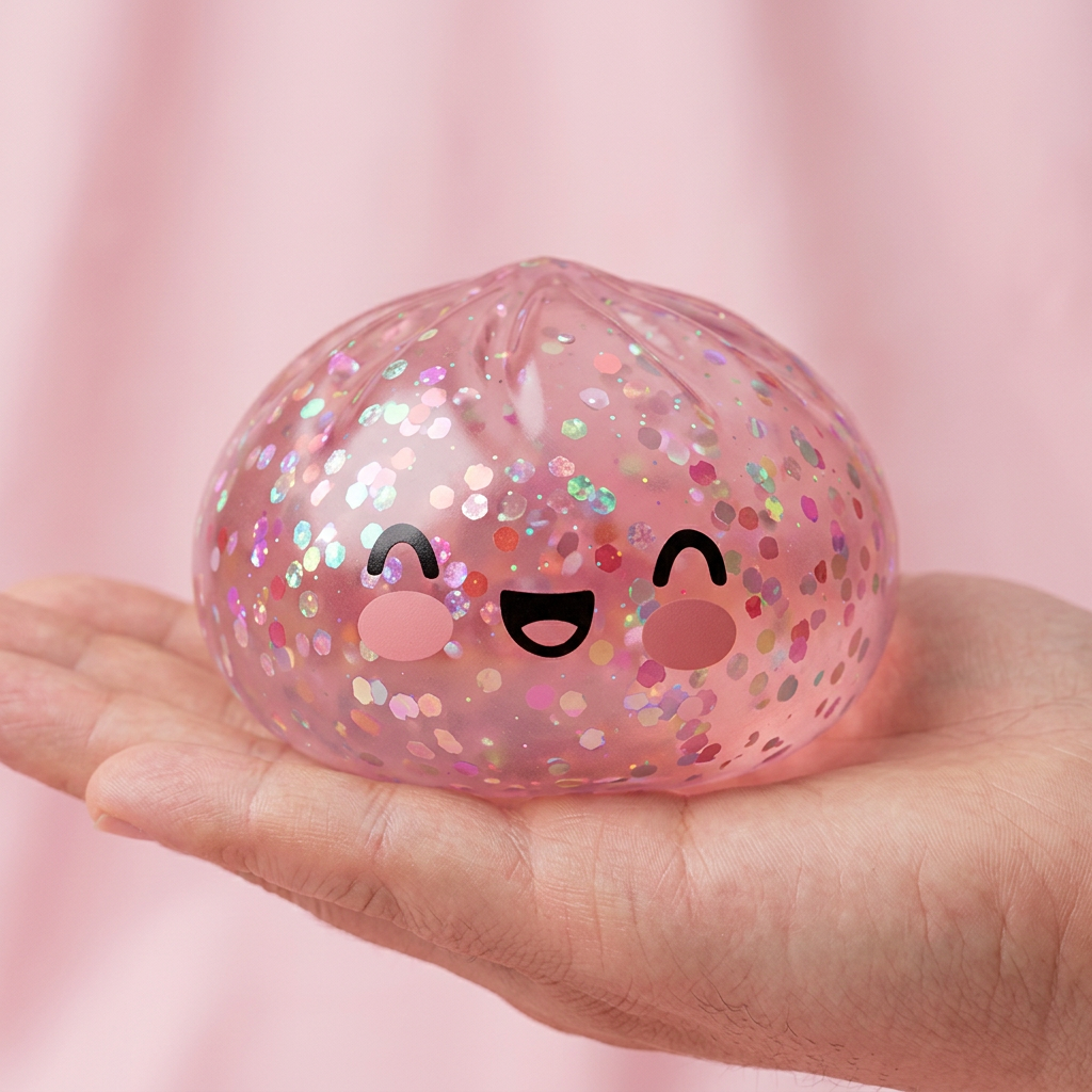 Dumpling Squishy Rose Sparkle Bubblegum en la mano, tamaño real