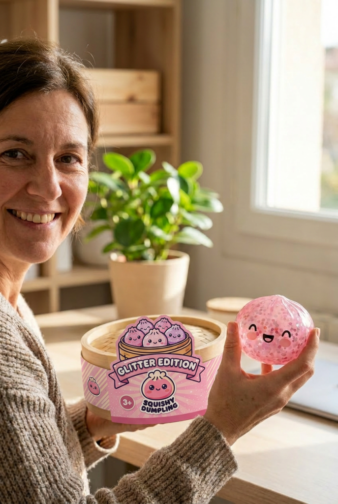 Dumpling Squishy Rose Sparkle Bubblegum con su cesta de vapor de bambú