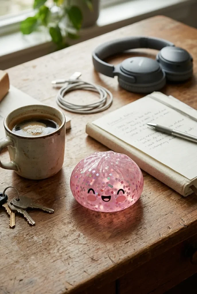 Dumpling Squishy Rose Sparkle Bubblegum en un escritorio