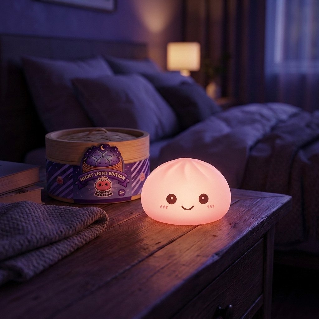 Dumpling Squishy Luz Nocturna Rosa en un ambiente de escritorio