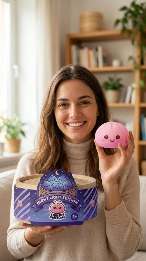 Dumpling Squishy Luz Nocturna Rosa con su cesta de vapor de bambú
