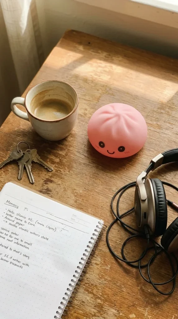 Dumpling Squishy Luz Nocturna Rosa en un escritorio
