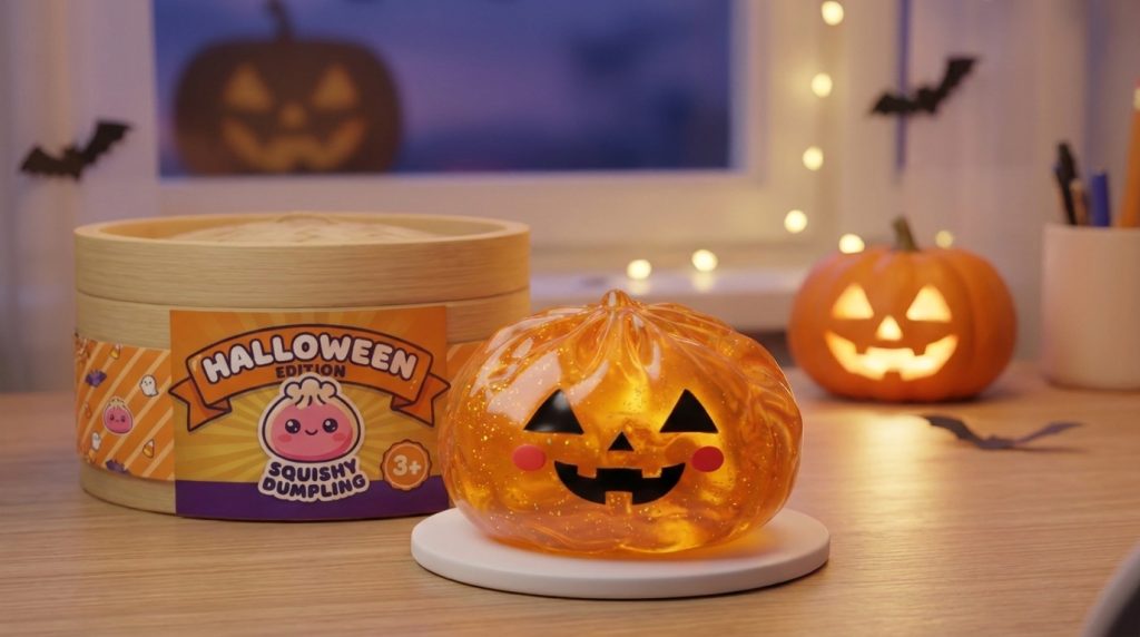 Squishy Dumpling Calabaza Halloween Luminoso en un ambiente de escritorio