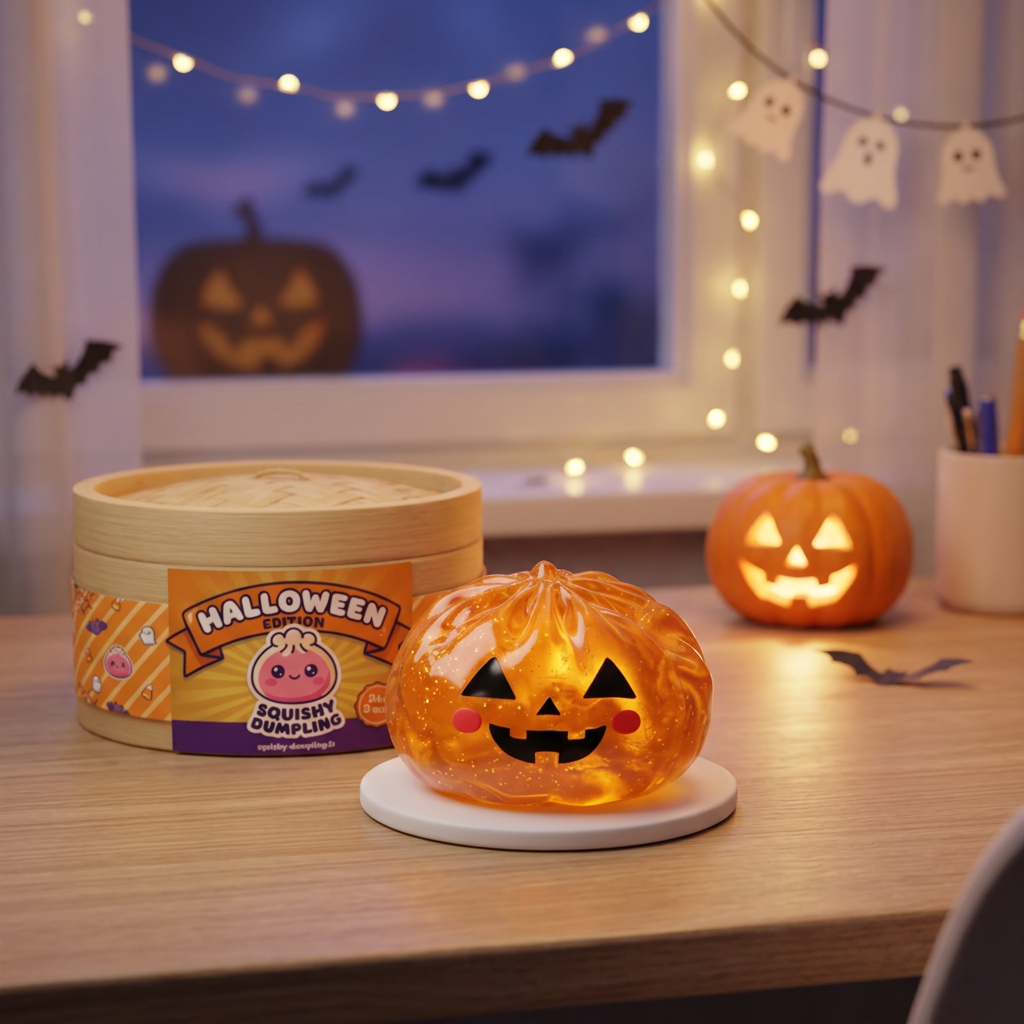 Squishy Dumpling Citrouille Halloween Luminoso en un ambiente de escritorio